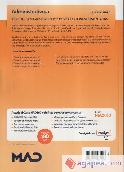 Administrativo/a Seguridad Social (acceso libre). Test del Temario Específico con soluciones comentadas. Administración General del Estado