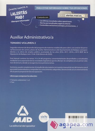 Auxiliar Administrativo del Ayuntamiento de Badajoz. Temario volumen 2