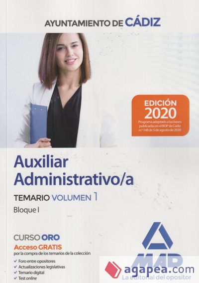Auxiliar administrativo del Ayuntamiento de Cádiz. Temario Volumen 1 (Bloque I)