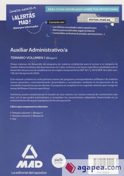 Auxiliar administrativo del Ayuntamiento de Cádiz. Temario Volumen 1 (Bloque I)