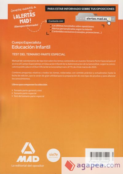 Cuerpo Especialista en Educación Infantil de la Administración de la Generalitat Valenciana. Test del temario de la parte especial