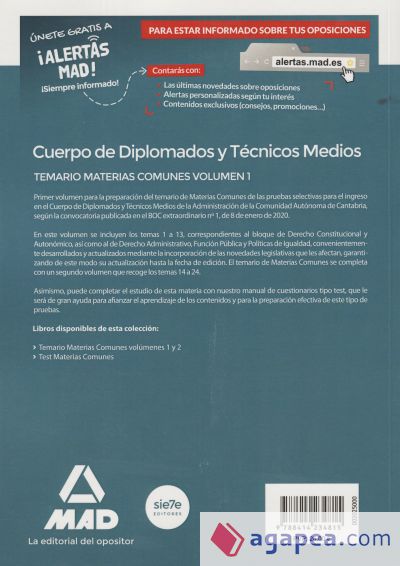 Cuerpo de Diplomados y Técnicos Medios de la Administración de la Comunidad Autónoma de Cantabria. Temario de Materias Comunes volumen 1