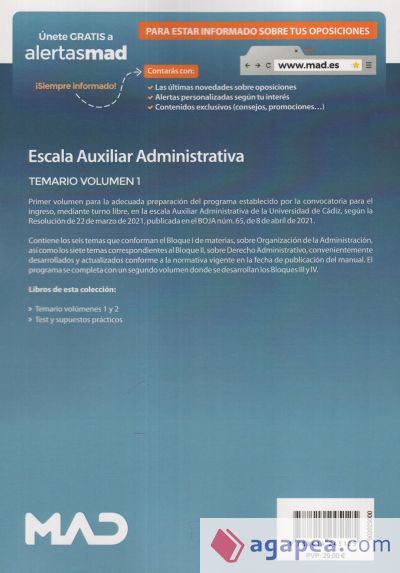 Escala Auxiliar Administrativa. Temario volumen 1. Universidad de Cádiz