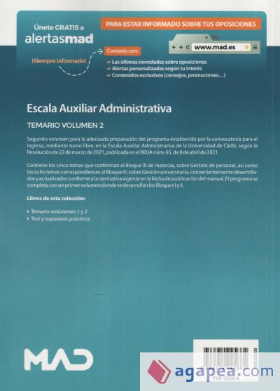 Escala Auxiliar Administrativa. Temario volumen 2. Universidad de Cádiz