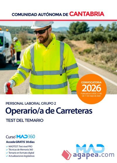 Operario de Carreteras (Personal Laboral Grupo 2). Test del temario. Comunidad Aut&oacute;noma de Cantabria