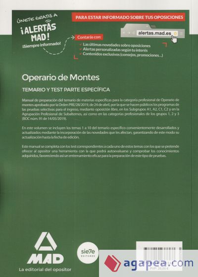 Operario de Montes. Personal Laboral de la Comunidad Autónoma de Cantabria. Temario y Test parte específica