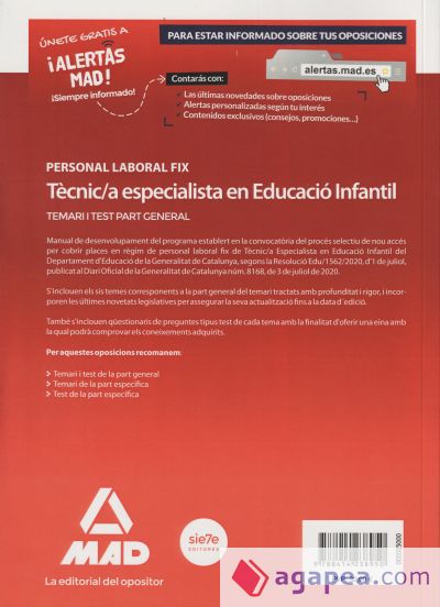 Personal laboral fix de tècnic/a especialista en educació infantil de la Generalitat de Catalunya. Temari i test de la part general