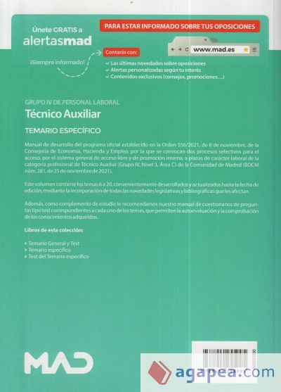 Técnico Auxiliar Grupo IV (acceso libre). Temario específico. Comunidad Autónoma de Madrid