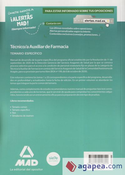 Técnico/a Auxiliar de Farmacia del Servicio Aragonés de Salud (SALUD-Aragón). Temario específico