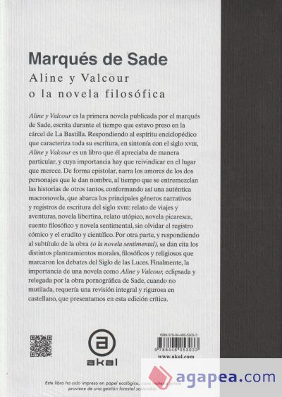 Aline y Valcour, o la novela filosófica: Escrita en La Bastilla un año antes de la Revolución en Francia