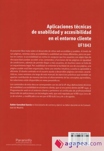 Aplicaciones técnicas de usabilidad y accesibilidad en el entorno cliente. Certificados de profesionalidad. Desarrollo de aplicaciones con tecnologías web