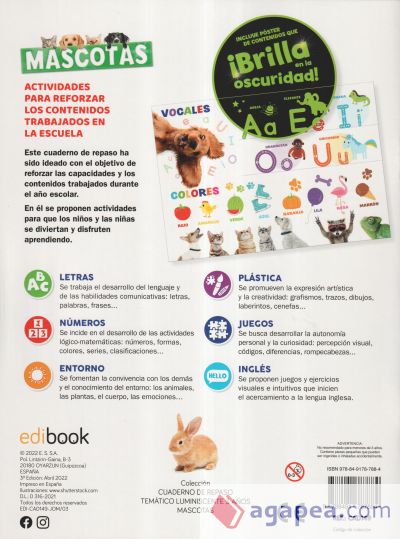 CUADERNO DE REPASO TEMÁTICO LUMINISCENTE 3 AÑOS MASCOTAS