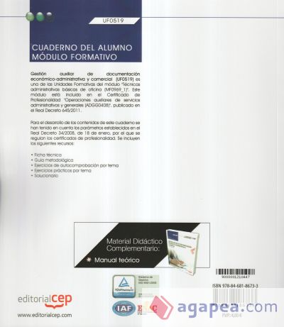 Cuaderno del alumno. Gestión auxiliar de documentación económico-administrativa y comercial (UF0519). Certificados de profesionalidad. Operaciones auxiliares de servicios administrativos y generales (ADGG0408)