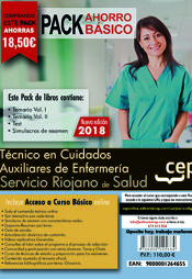 Portada de Pack Ahorro Básico. Técnico en Cuidados Auxiliares de Enfermería. Servicio Riojano de Salud (SERIS). Incluye Temarios I, II, Test, Simulacros de Examen y Curso Básico on Line