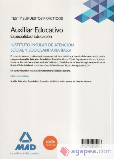 Auxiliar Educativo Especialidad Educación del IASS-Cabildo Insular de Tenerife. Test y Supuesto Prácticos