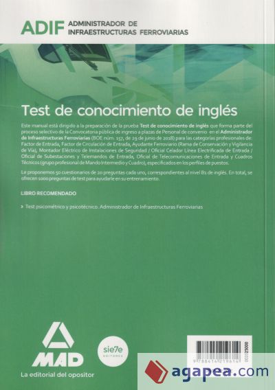 Test de conocimientos de inglés. Administrador de Infraestructuras Ferroviarias (ADIF)