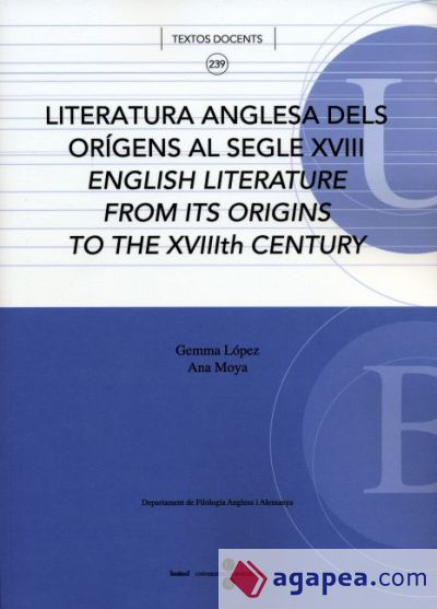 Literatura anglesa dels orígens al segle XVIII. English literatura from its origins to the XVIIIth century