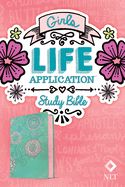 Portada de NLT Girls Life Application Study Bible (Leatherlike, Teal/Pink Flowers)