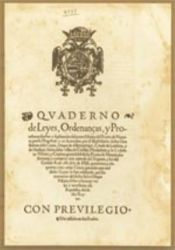 Portada de Quaderno de leyes, ordenanzas y provisiones hechas a suplicación de los 3 Estados del Reyno de Navarra, por su Magestad o en su nombre